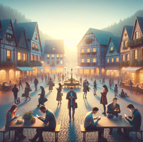 Ein Marktplatz einer Stadt mit vielen Bürgern die auf ihr Smartphone starren