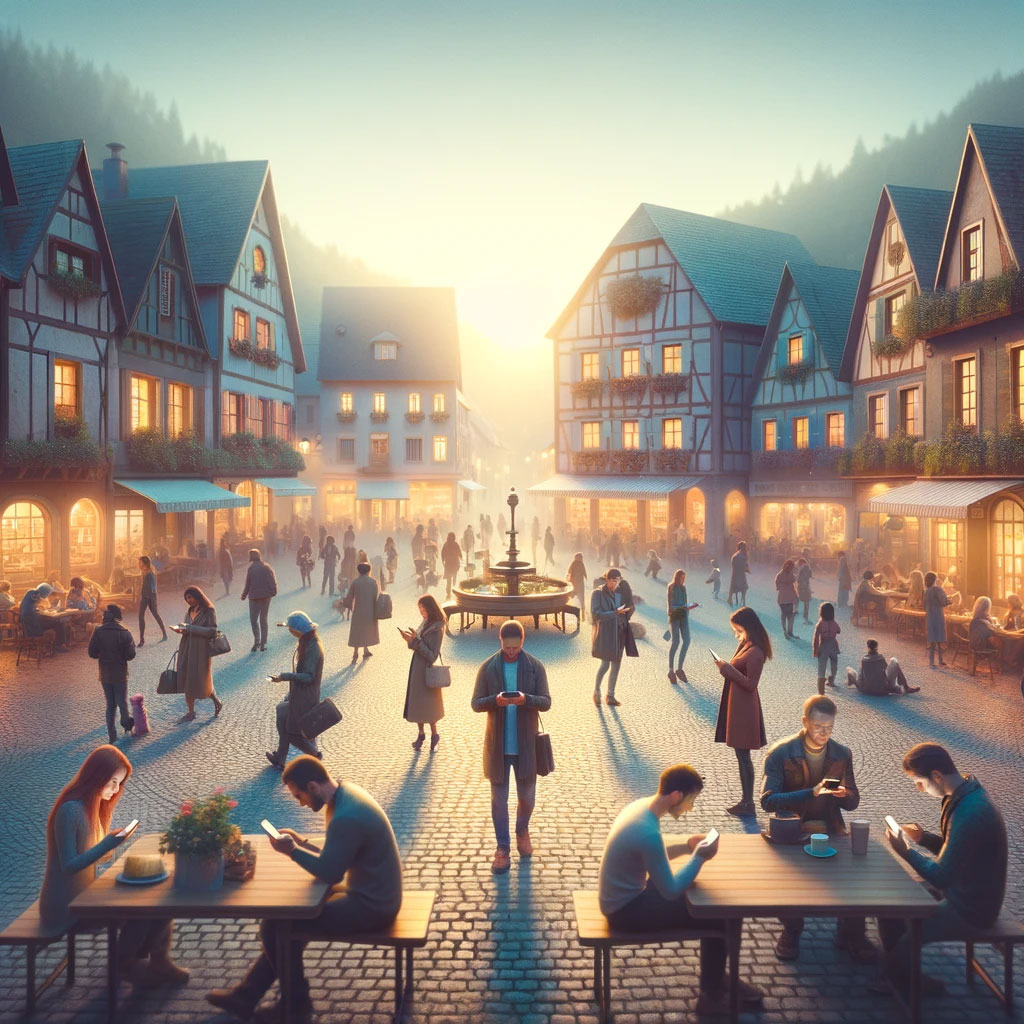 Ein Marktplatz einer Stadt mit vielen Bürgern die auf ihr Smartphone starren